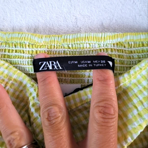 💕 Zara NEW Lime Yellow Gingham Plaid Crop Bubble Sleeves Checkered Knot Zipper - Picture 12 of 15